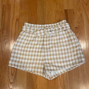 Camila Coelho Nude and White Gingham Belted Shorts